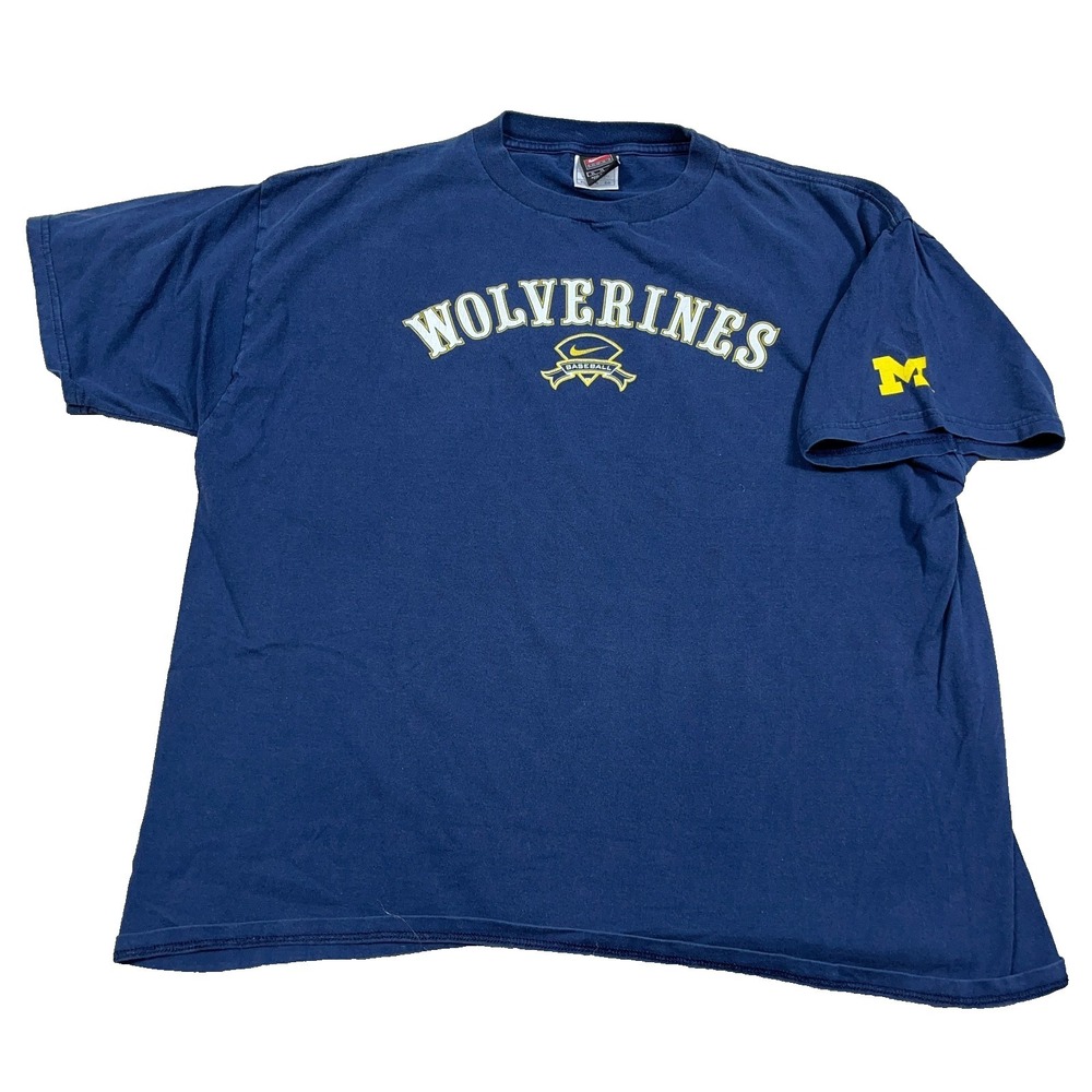 Vintage Y2K Michigan Wolverines Shirt Men XL Blue Nike Baseball Tee Swoosh Adult